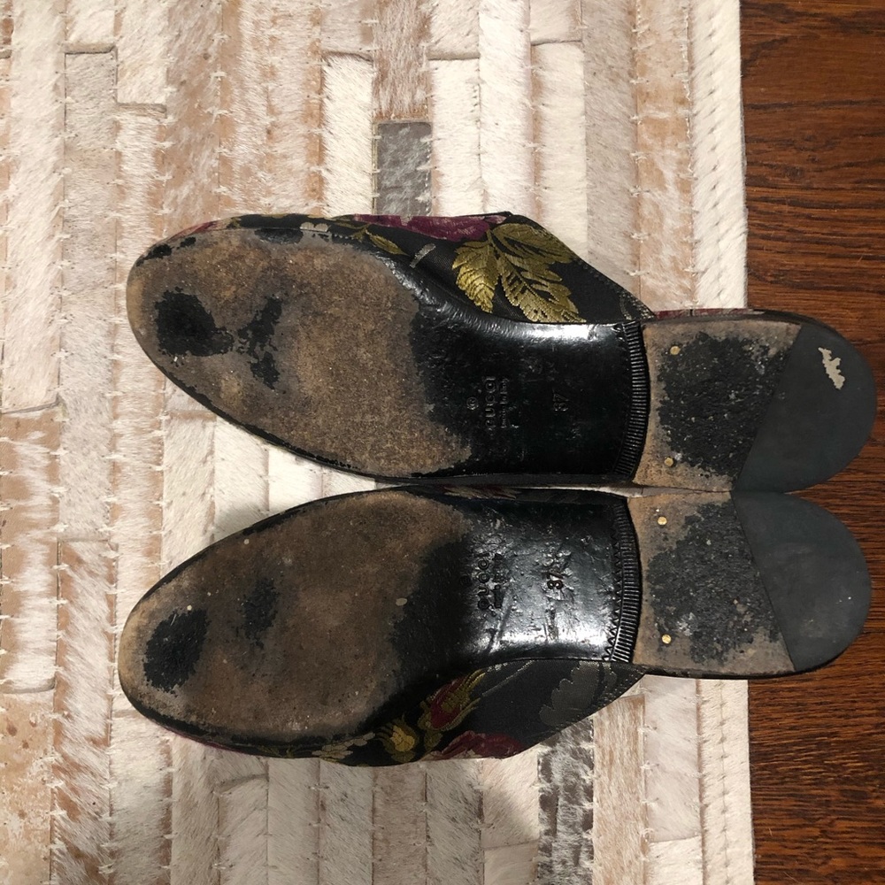Gucci Floral Embroidered Black Gold Horsebit Mules - Picture 5 of 6